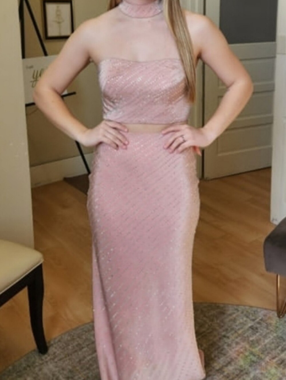 Size 2 Pink Scattered Crystal Prom Gown W/ Collar & illusion Waist, La Femme NWT